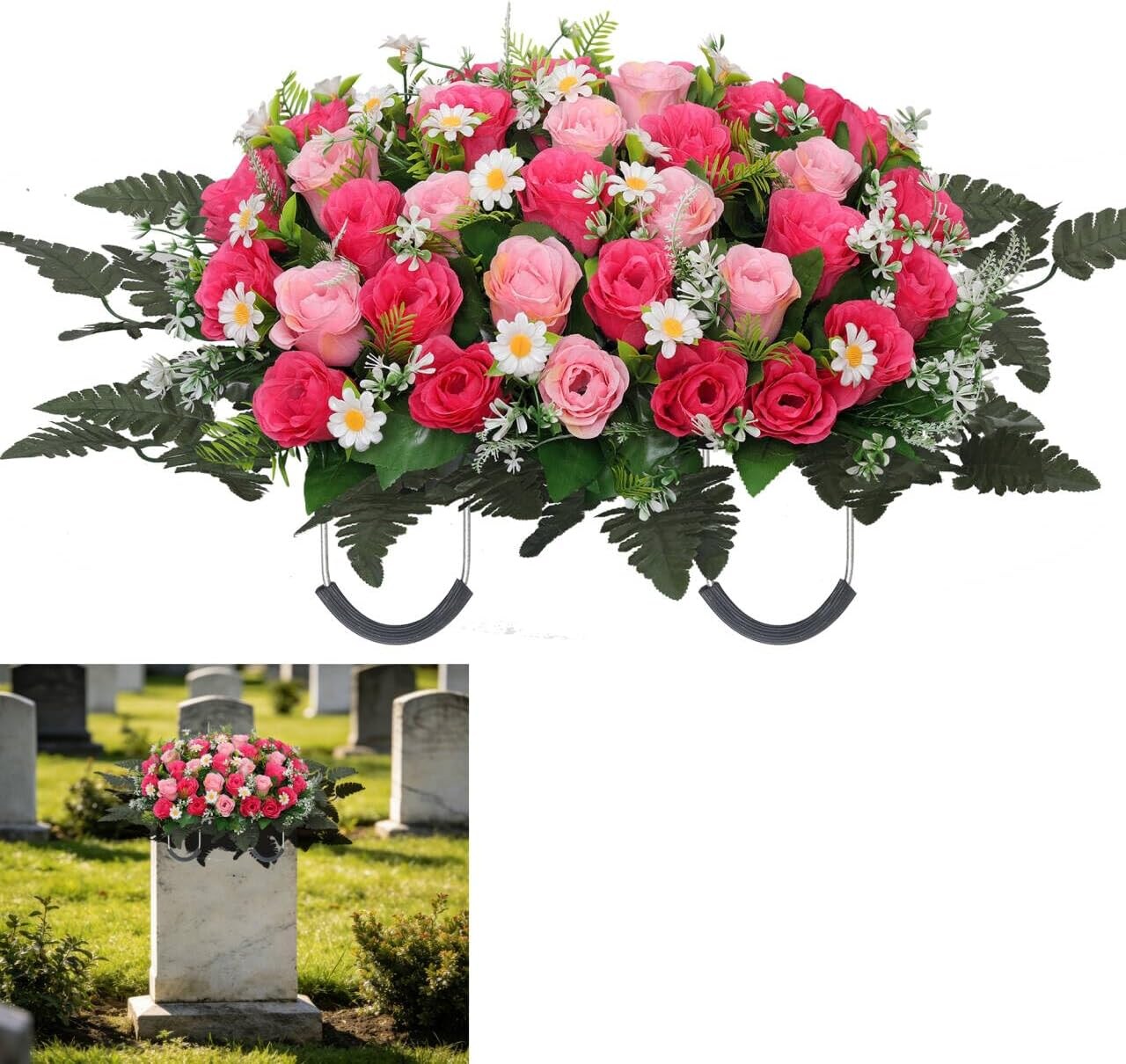 Large Artificial Cemetery Flower Saddle – Silk Rose & Daisy Arrangement for Grave and Headstone (Pink)